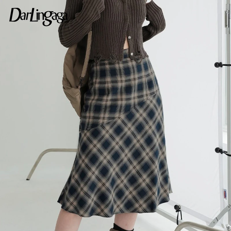 

Darlingaga Vintage y2k England Style Midi Skirt Japanese Korean Chic Plaid Skirt Women Stitched Bottoms Preppy Checkered Outfits