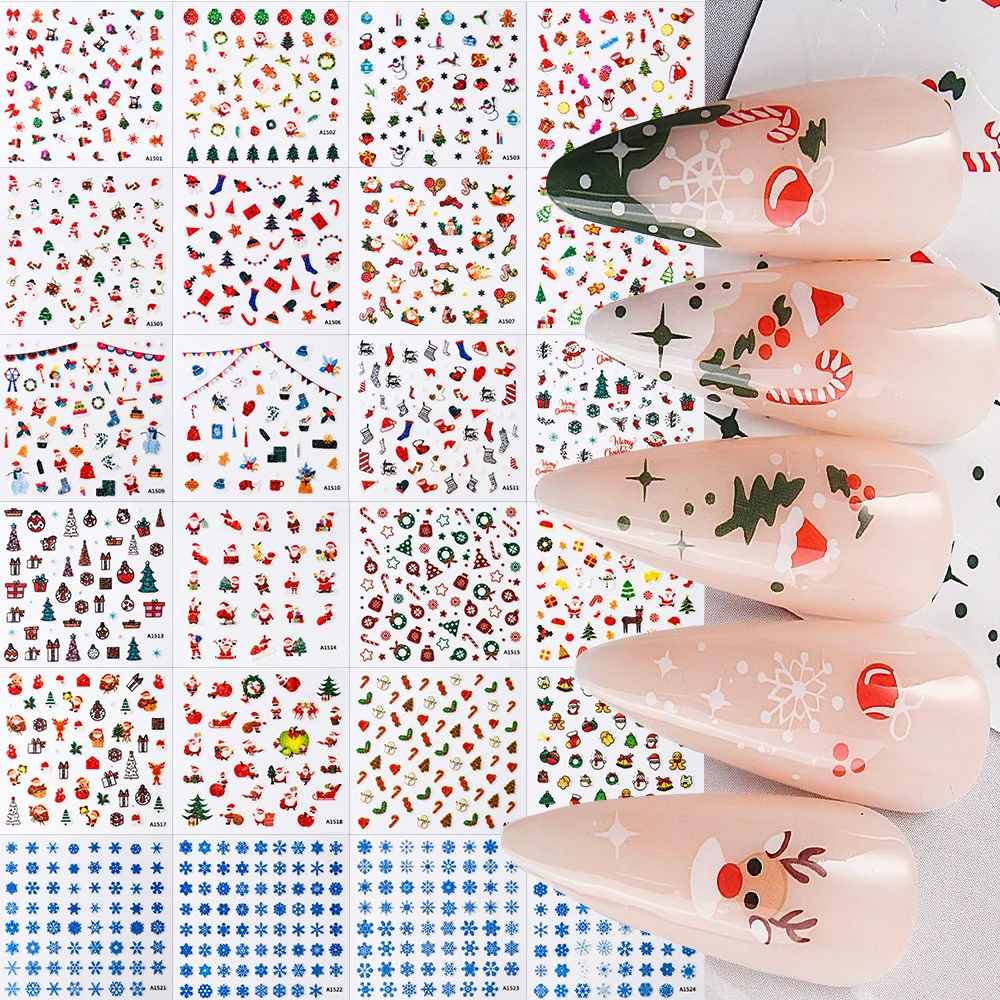 

24pcs 3D Christmas Nail Art Stickers with Glitter Santa Claus Reindeer & Snowman 3D Cartoon Decal Self-Adhesive Festive Manicure