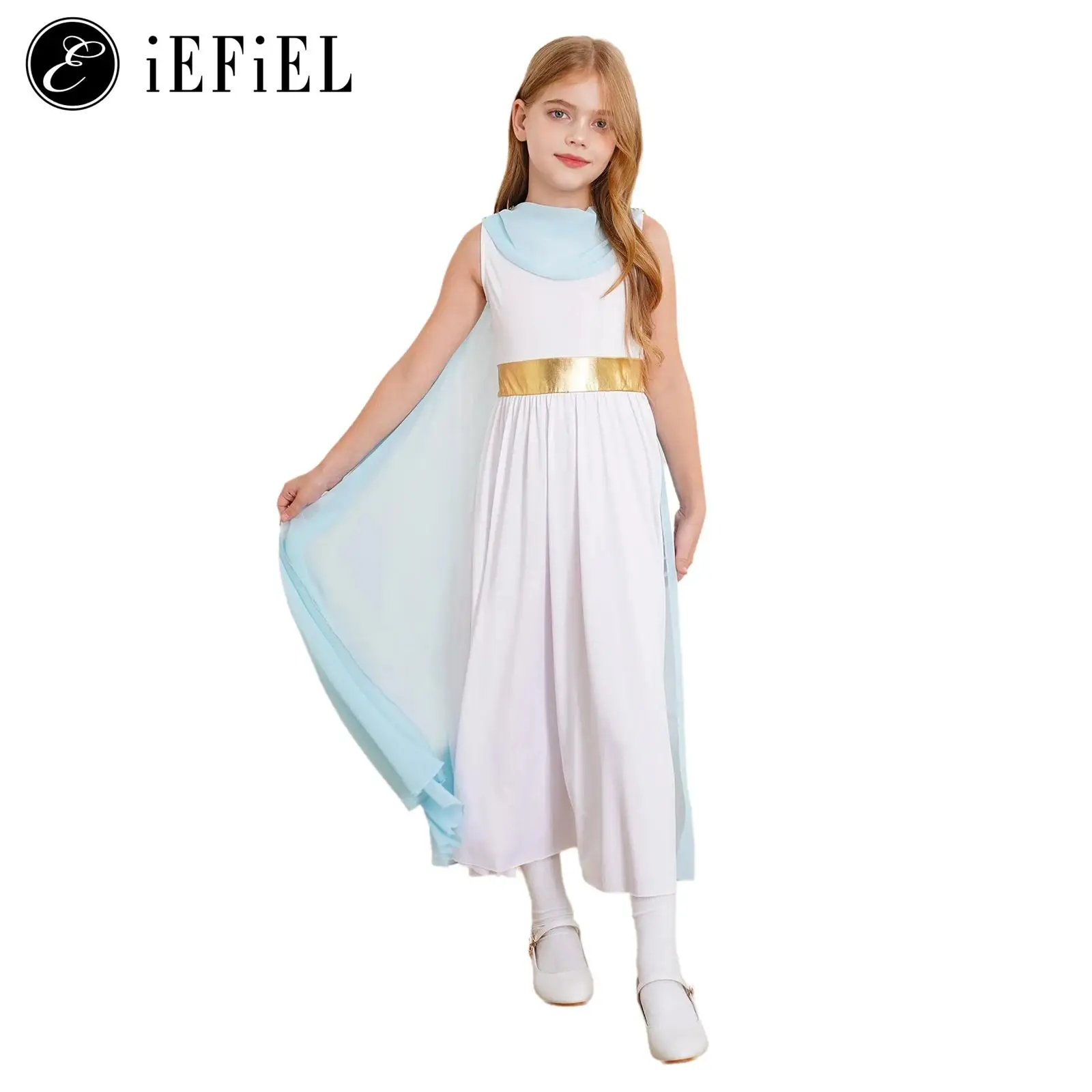 

Kids Girls Greek Nymph Dance Costume Sleeveless Maxi Toga Dress with Cape School Ancient Roman Show Stage Performance Suits