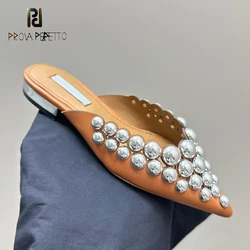 V-mouth Ladies Pointed Toe Slipper Shoe Real Leather Gold Pearls Decor Luxury Evening Party Leisure Mules Lazy Slides for Female