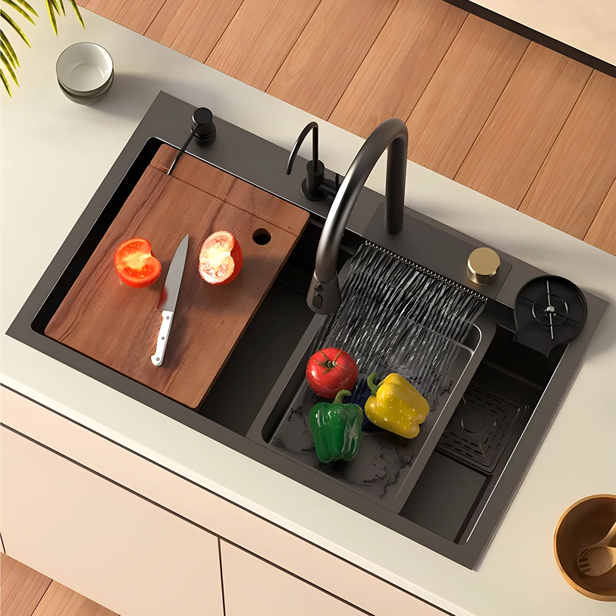 Lavello da cucina multifunzione a vasca singola in acciaio inossidabile, rubinetto con montaggio quadrato, trattamento superficiale nano, scolapiatti sottopiano