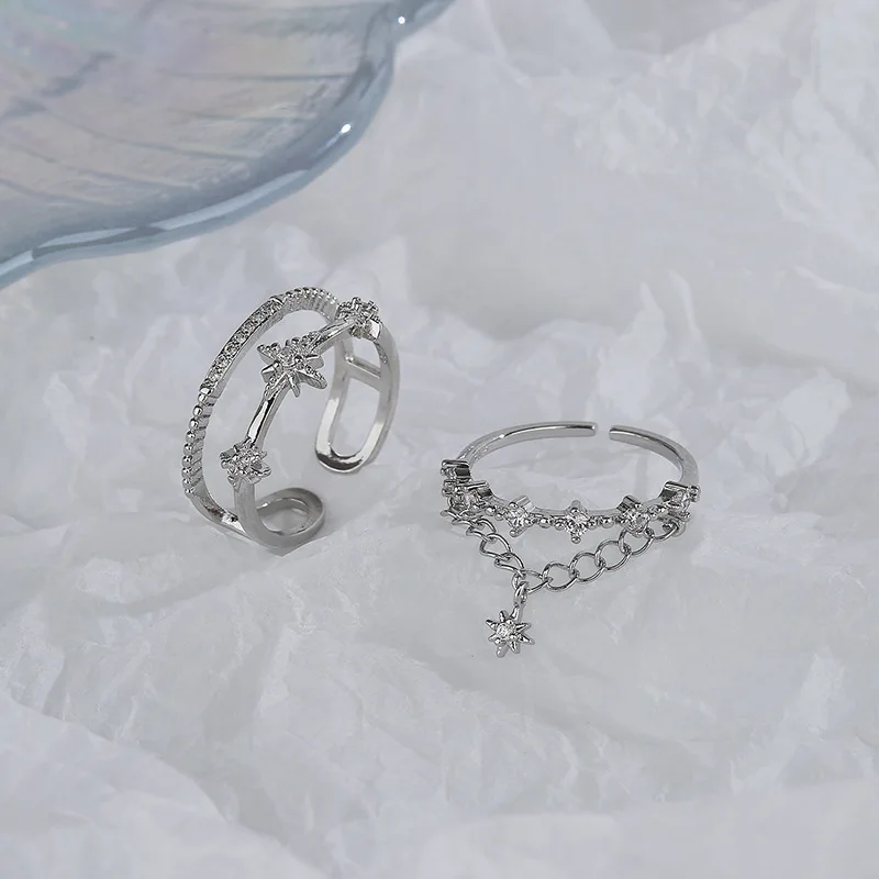 PANJBJ 925 Sterling Silber Vierzackiger Stern Glänzender Zirkon-Ring Hochwertiger Personalisierter Verstellbarer Schmuck – Detail 25