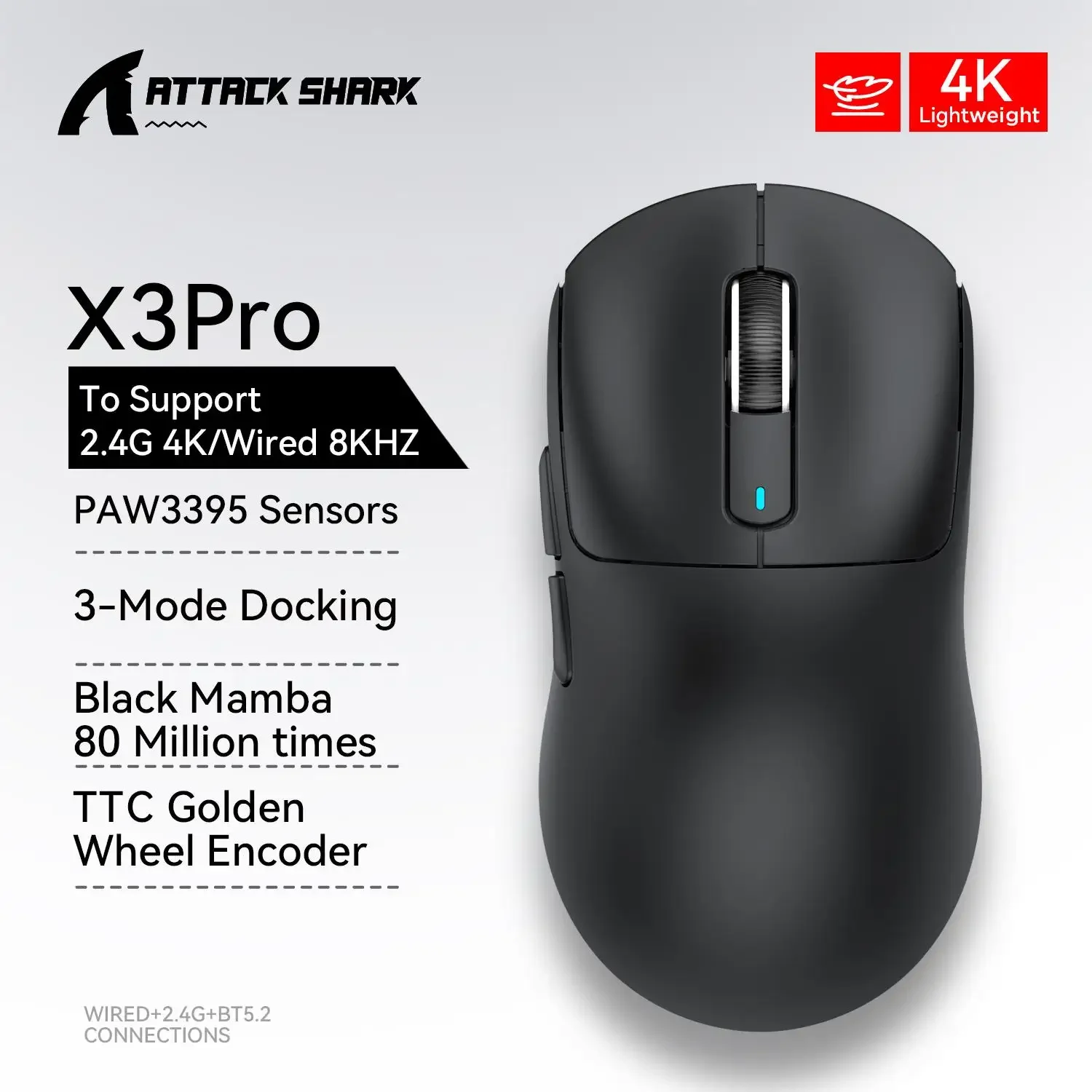 

New Original ATTACK SHARK X3 PRO PAW3395 Three Mode Wireless Mouse 4K Returns Lights Connection Macro E-sports Gaming Mouse