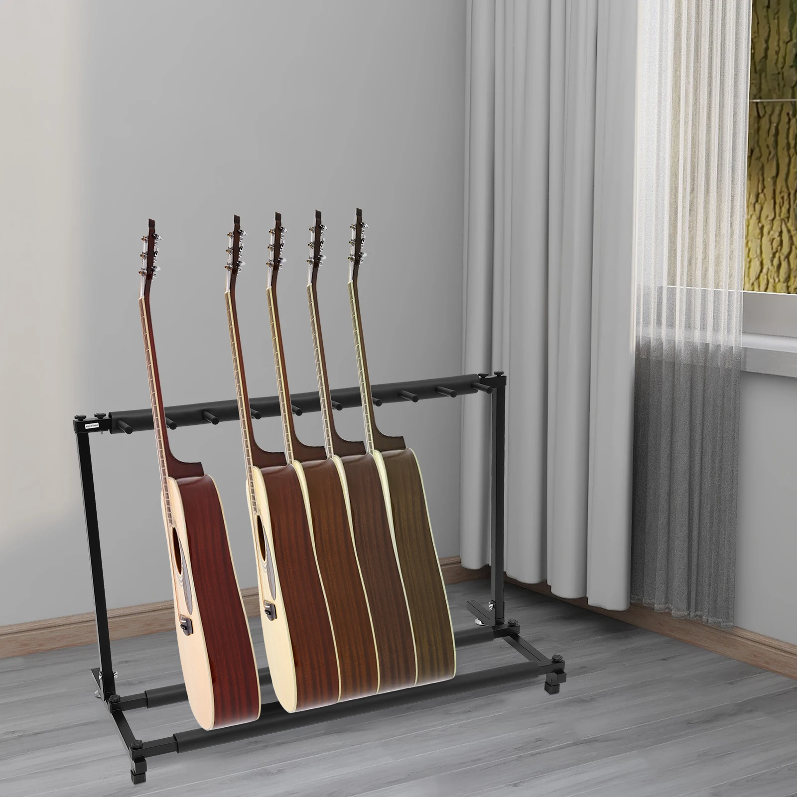 Stojak na gitarę z 9 przegródkami, wielo-gitarowy uchwyt, z regulowanymi nóżkami, uniwersalny stojak na gitary elektryczne, basowe i akustyczne, czarny