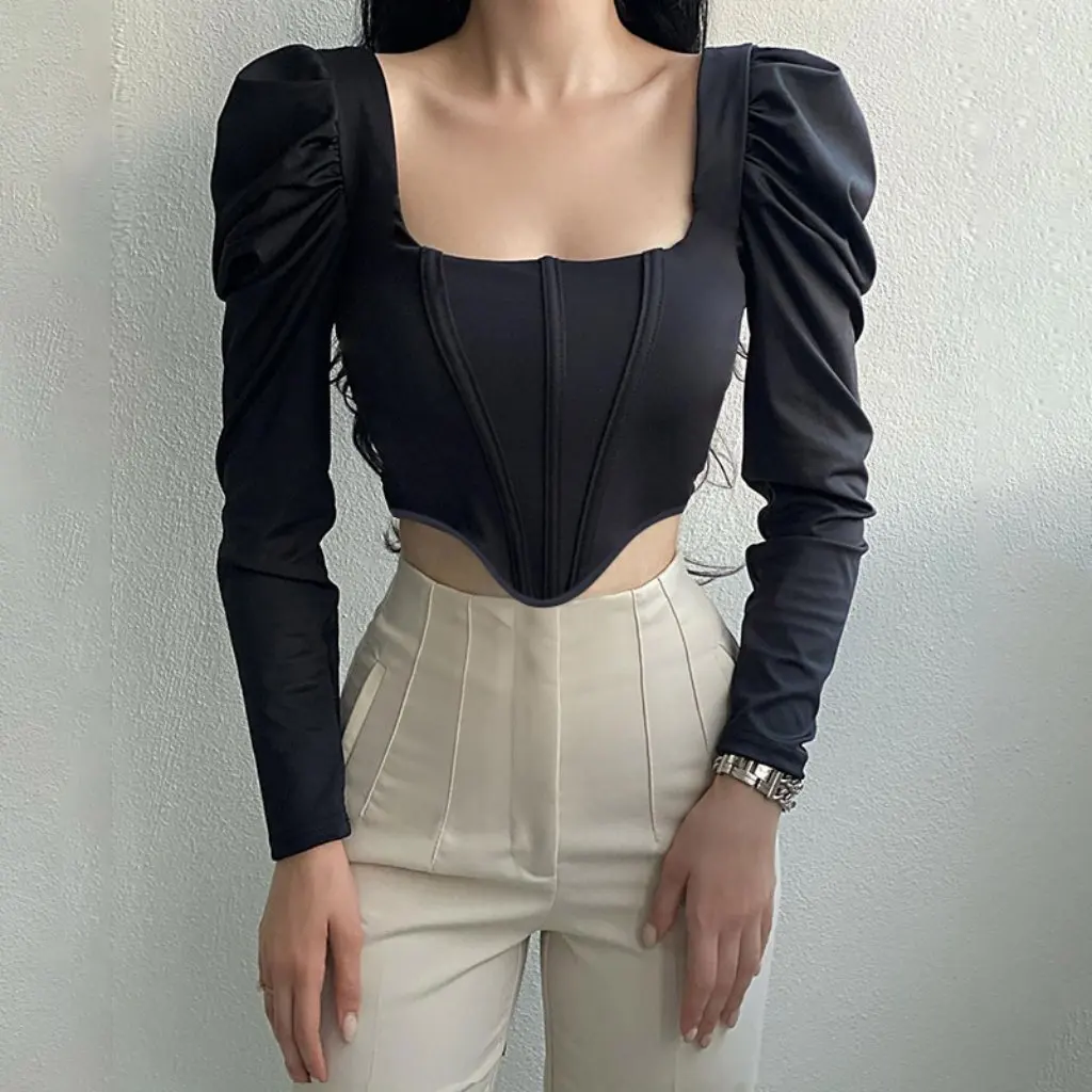 

Retro Square Collar Long Sleeve T-Shirt Sexy Puff Sleeve Fishbone Waist Short Top for Women European And American Style