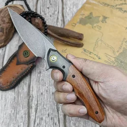 Folding Pocket Knife Uzbek Steel Blade Sandspit Wood Handle with PU Leather Sheath Outdoor Hunting Camping Hiking Tool