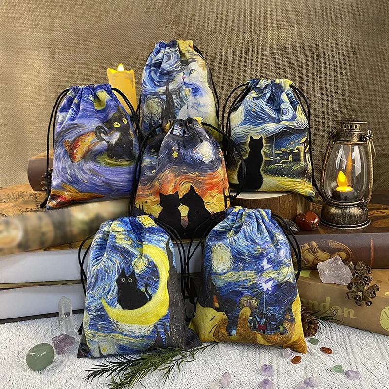 Van Gogh Starry Night Black Cat Drawstring Pouch Fabric Tarot Crystal Storage Bag, Witch Divination Accessory Gift Bag
