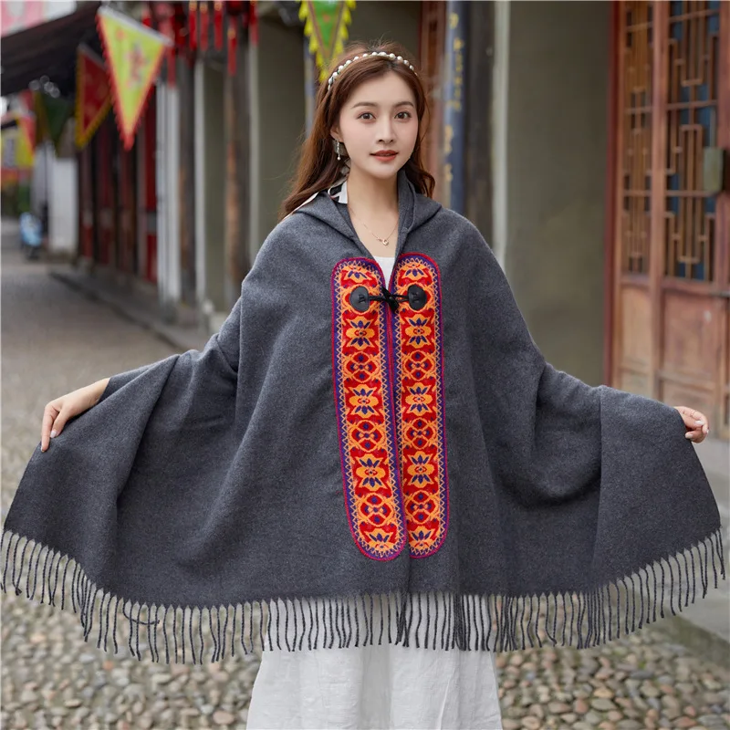 New Tourist Cape Poncho Bull Horn Buckle Ethnic Style Strap Hat Cape Women Bohemian Ethnic Style Hooded Shawl A
