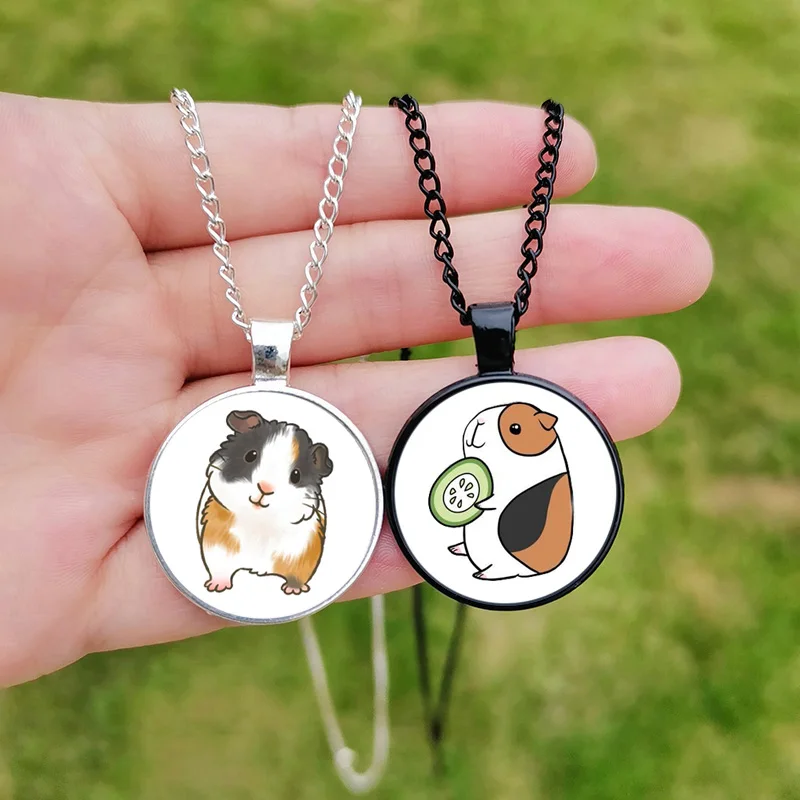 Cartoon Guinea Pig Necklace Cute Animal Mouse Pigs Glass Photo Charm Choker Necklace for Women Kids Christmas Jewelry Gift