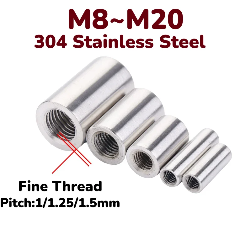 M8 M10 M12 M14 M16 M18 M20 304 Stainless Steel Fine Thread Extend Long Round Nuts Coupling Nut Connecting Screw Rod Joint Nuts