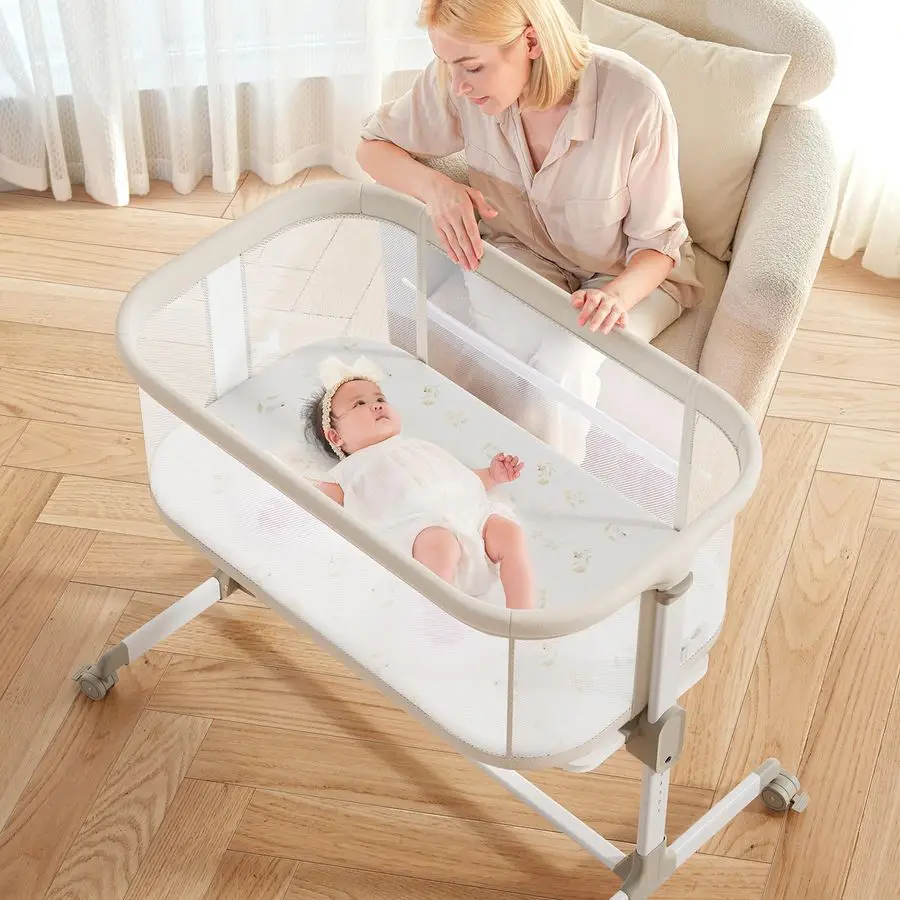 

Baby Bassinets Bedside Sleeper All Mesh Bedside Bassinet with Wheels, 7 Height Adjustable Baby Bassinet for Infants, Beige