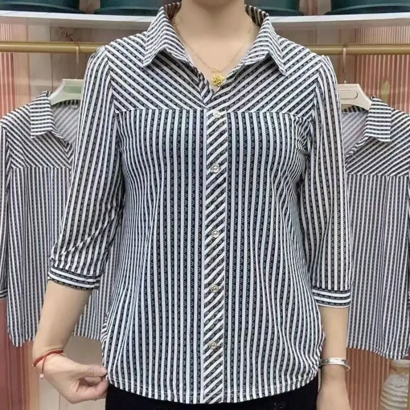 2024 Summer New Women\'s Simplicity Polo-Neck Button Spliced Irregular Fashion Loose Casual 3/4 Sleeved Striped Shirt Tops