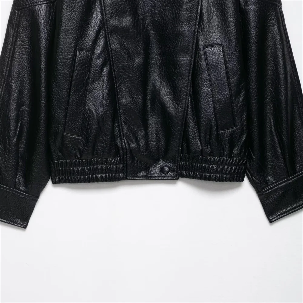 سترة نسائية جديدة للخريف والشتاء كاجوال متعددة الاستخدامات من الجلد الصناعي بأكمام طويلة وياقة واقفة وسترة من جلد البولي يوريثان