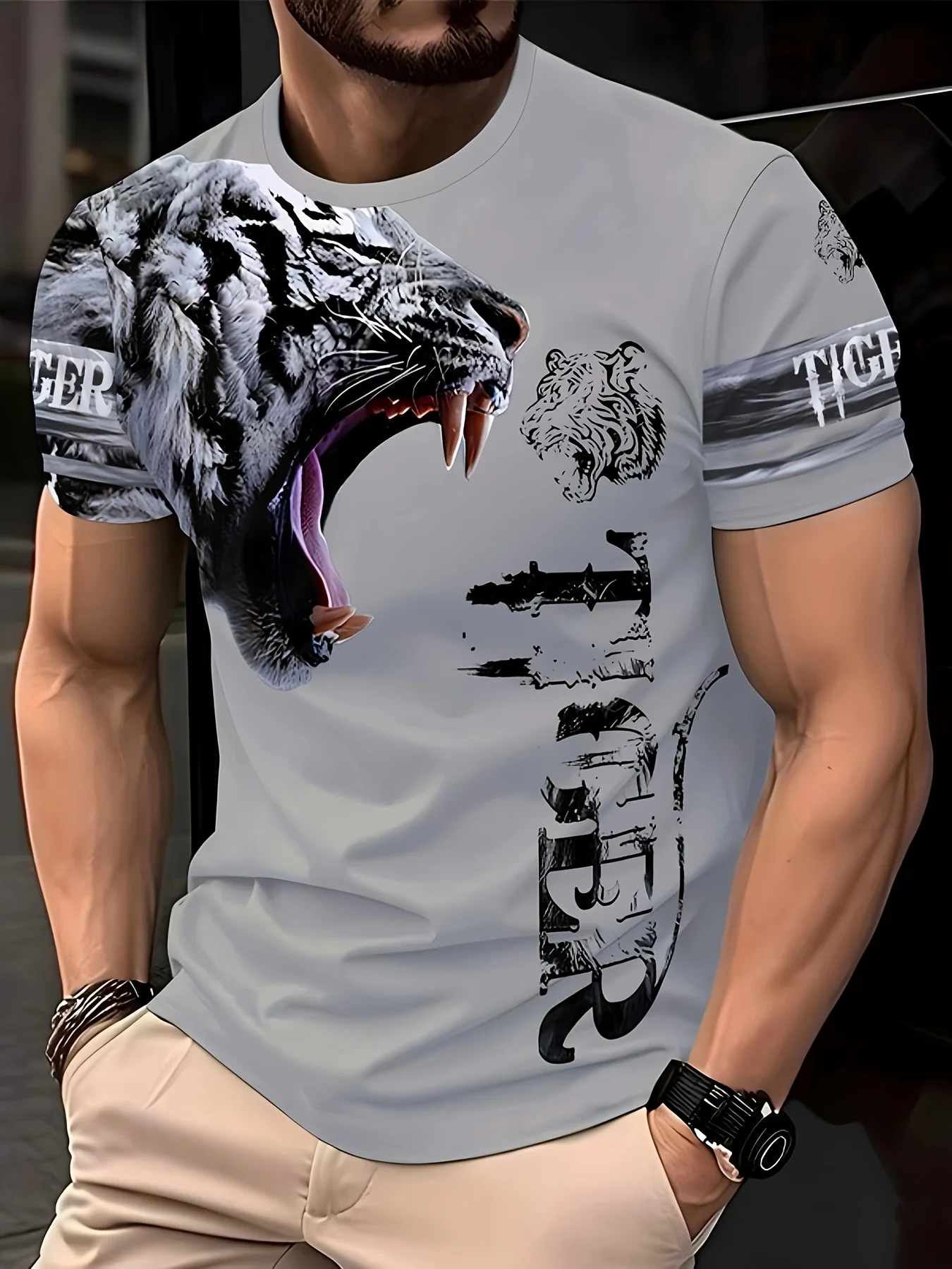 Men's Roaring Tiger Back Print T-Shirt Casual O-Neck Short Sleeve Wild Animal Street Graphic Tee Tops