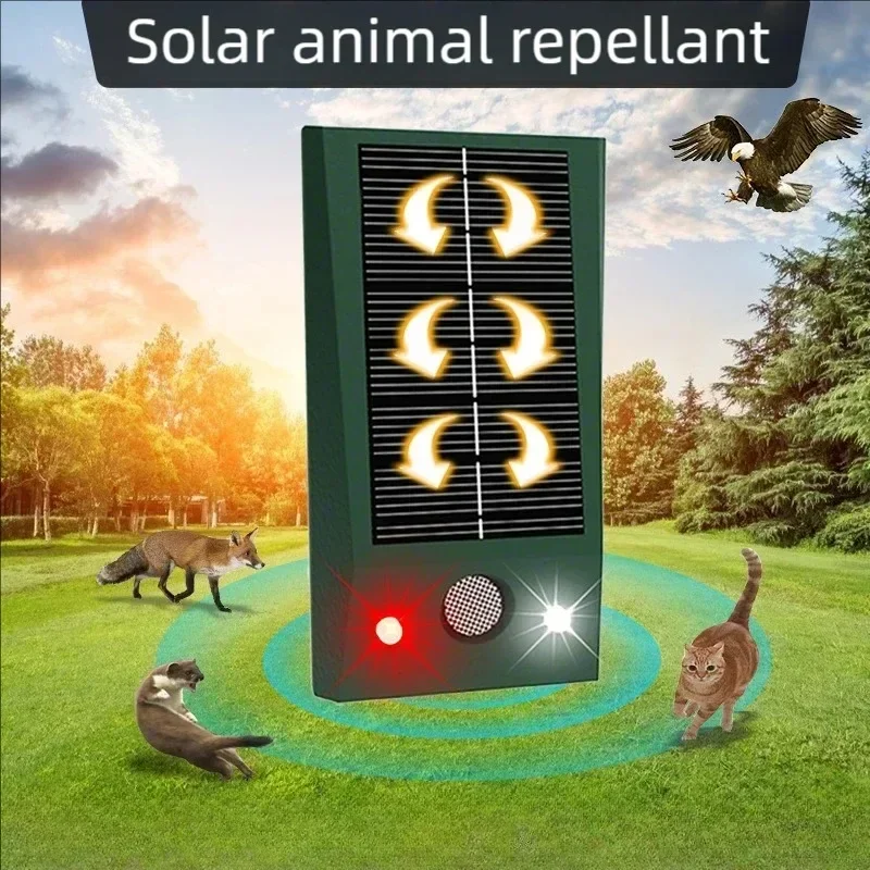 ultrasonic solar powered animal repelente alarme de luz led para pomar estufa horta impermeavel cao e gato 01