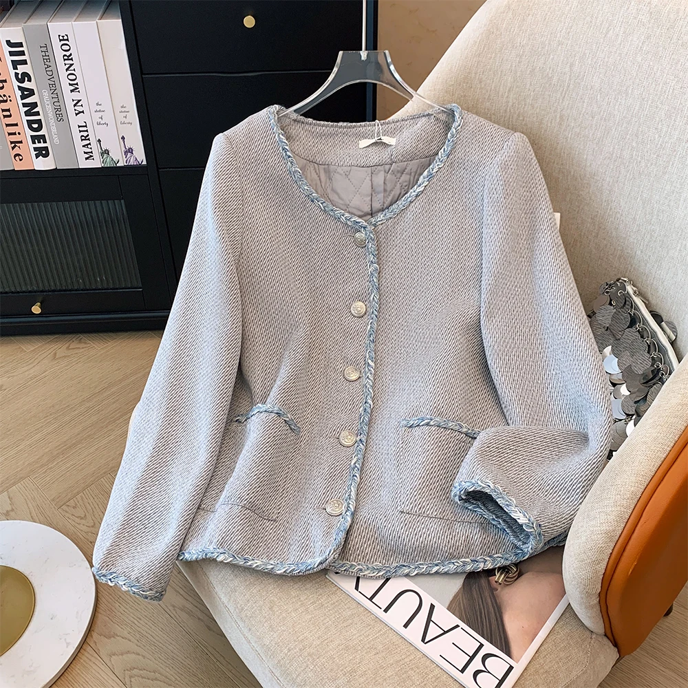 

Plus-size Women's Fall/Winter Casual Commute Loose Comfortable coat Blue gray button-pocket V-neck thick long-sleeved top large