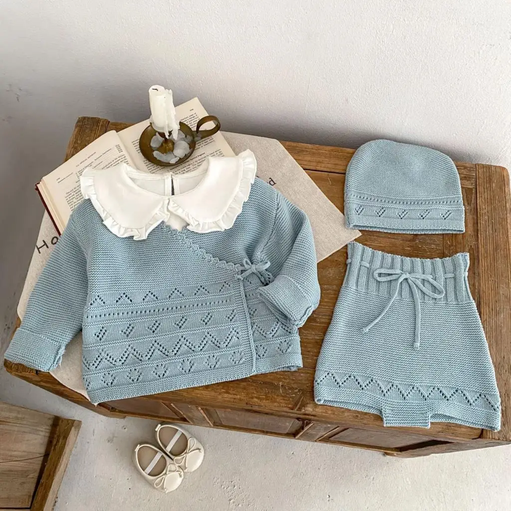 2024 Spring Autumn Baby Girls 3PCS Clothes Set Cotton Knitted Long Sleeve Coat Lace-up Shorts Hat Suit Toddler Girls Outfits