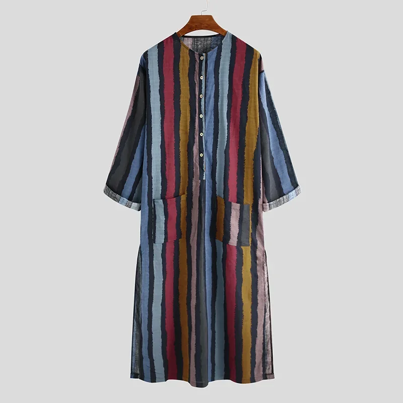 Dubai Middle East Islamic Men Robes Breathable Striped Print Cotton Striped Robe Vintage Muslim Robes Clothing