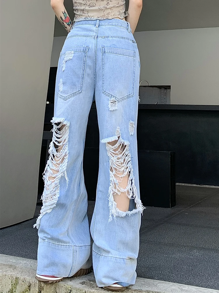 Vintage Holes Hollow Out High Waist Jeans Women Summer New Loose Casual Y2K Straight Denim Pants Female Wide Leg Trousers Girls