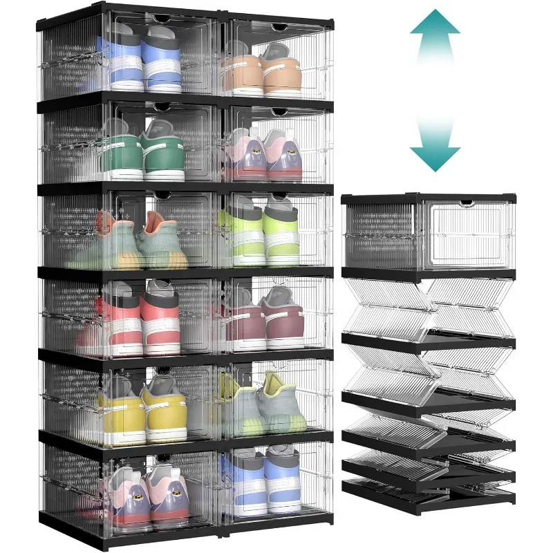 

Складные коробки для обуви, упаковка из 12 штабелируемых органайзеров для хранения обуви, набор из 2 встроенных шкафов для обуви, портативный