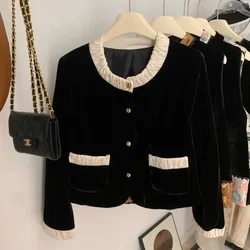 Round neck stitching French velvet top women's autumn and winter contrast fashion high-grade exotic small fragrance coat