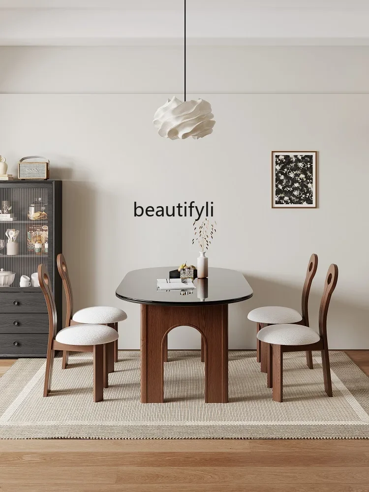 

A13 Mid-Ancient Retro Silent Style White Wax Dining Table and Chair Oval Tempered Glass Dining Table