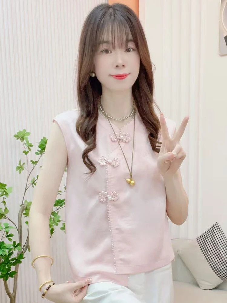 패셔너블한 슬림핏 버튼업 여성용 탑, 한국 스타일, 루즈핏, 라운드넥, 통기성 좋은 여름용...