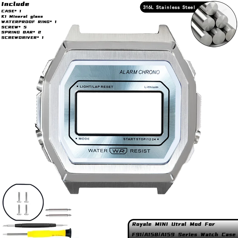 Royale Ultra Mod für CASIO F-91/A158/A159 Uhrengehäuse 316L Edelstahl K1 Mineral Poliert Gebürstetes Mattes Gehäuse Sunray Zifferblatt-Set – Detail 19