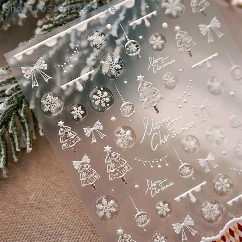 [MP]1 Pcs Christmas Style Cute White Snowflake Nail Art Stickers Red Bow Embossed Print Festive Nail Decorations