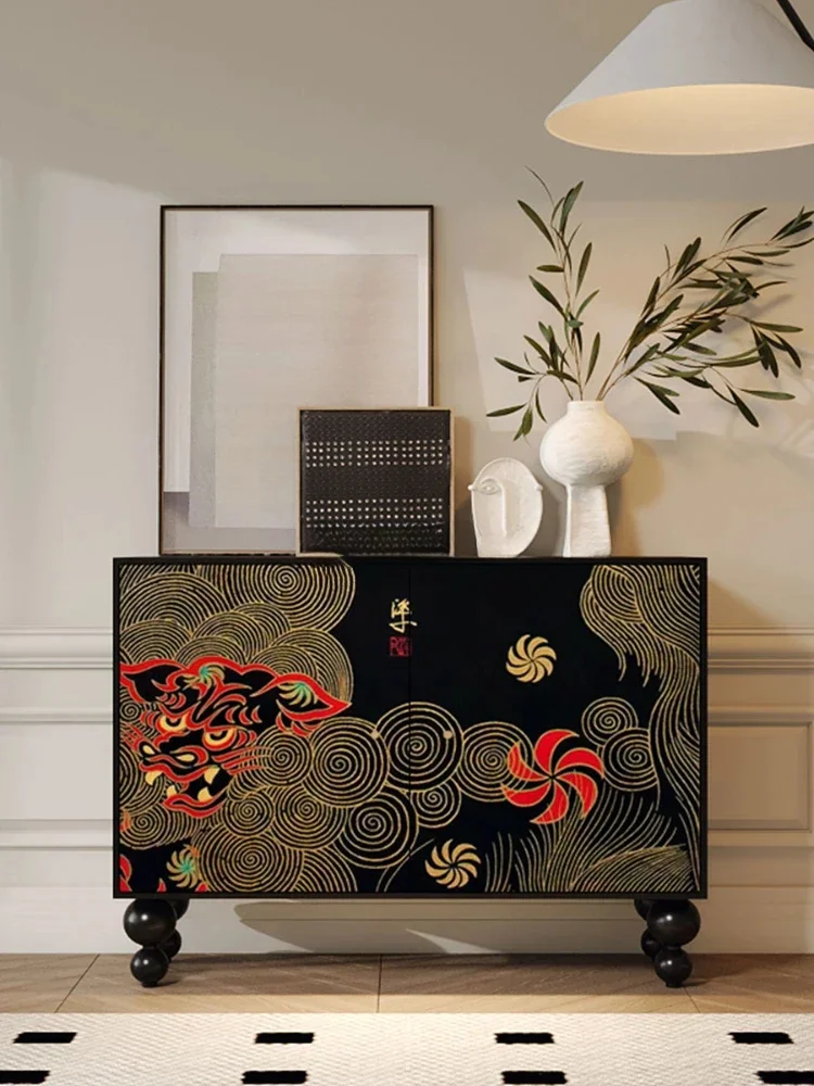 New Chinese Style Solid Wood Storage Cabinet Painted Xingshi Vintage Art Lacquer Painting Curio Cabinet