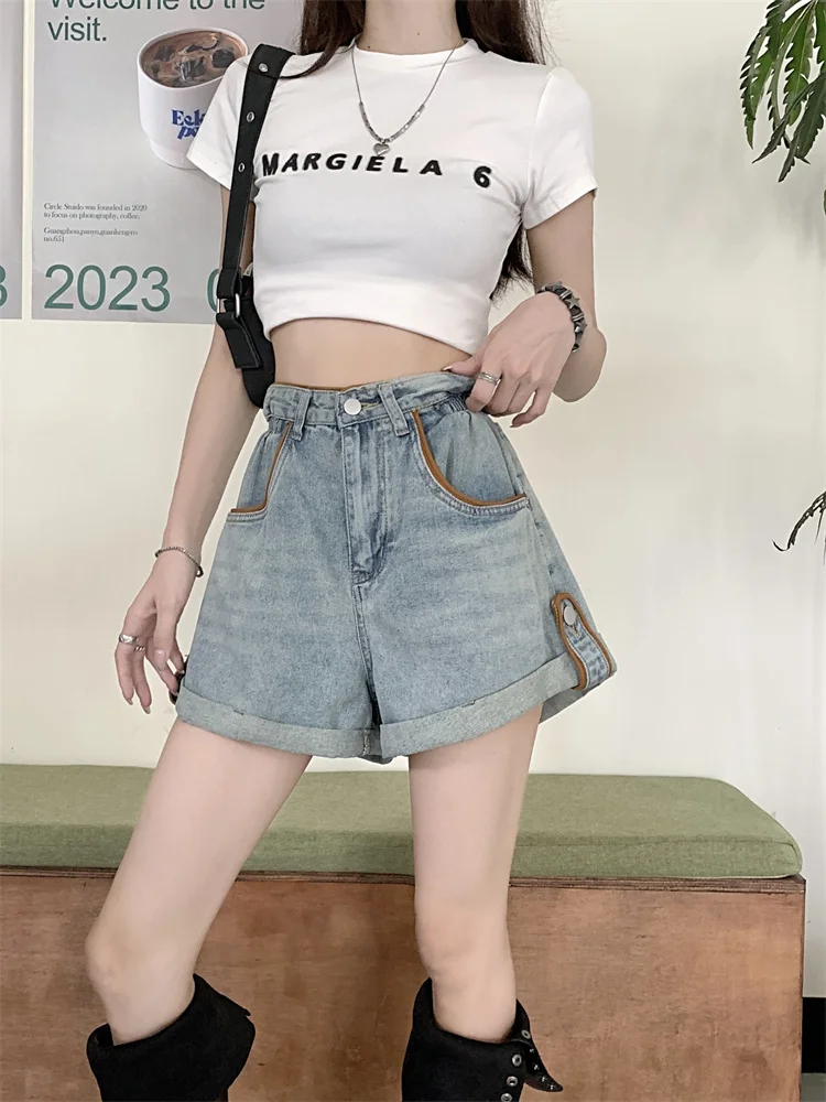 Curled Denim Damen Sommer lässig hoch taillierte blaue Hose mit weitem Bein lose gerade A-Linie Shorts Hot pants