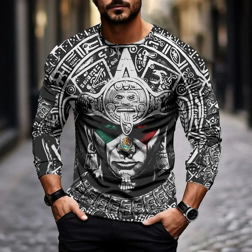 

2024 Mexico Aztec T Shirts For Mens 3d Printed Long Sleeve Tops Día De Muertos Street Hip Hop Oversized Tees Shirt Male Clothing