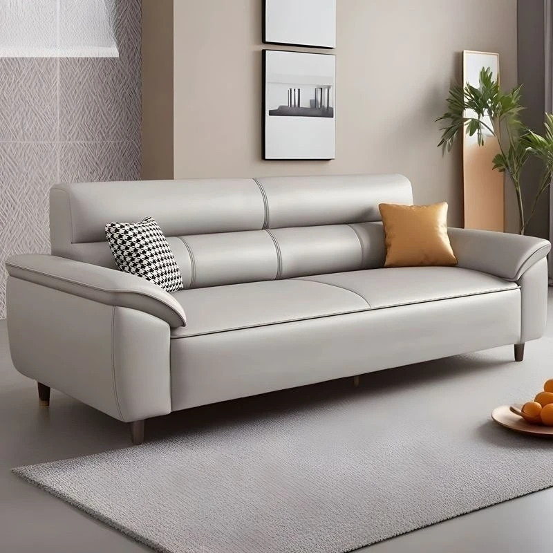 Nordic style full leather cat scratching three-person sofa movable solid wood frame modern living room furniture