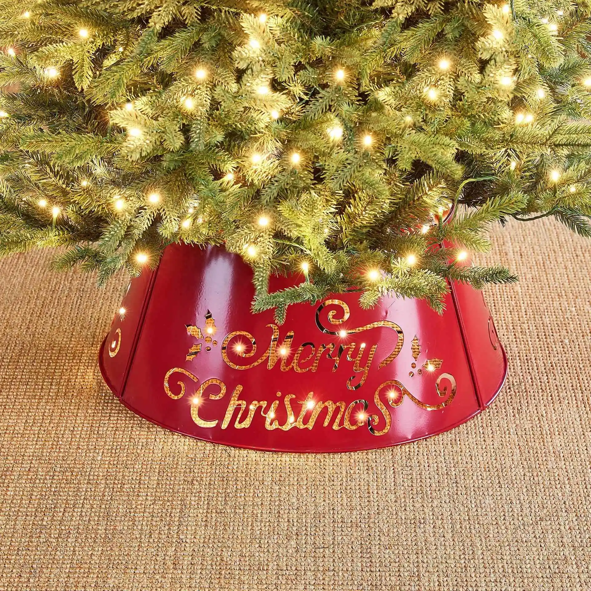 

Red Christmas Tree Skirt with Light Iron Art Christmas Decoration Hollow out Design Lettering Festive Christmas Decor