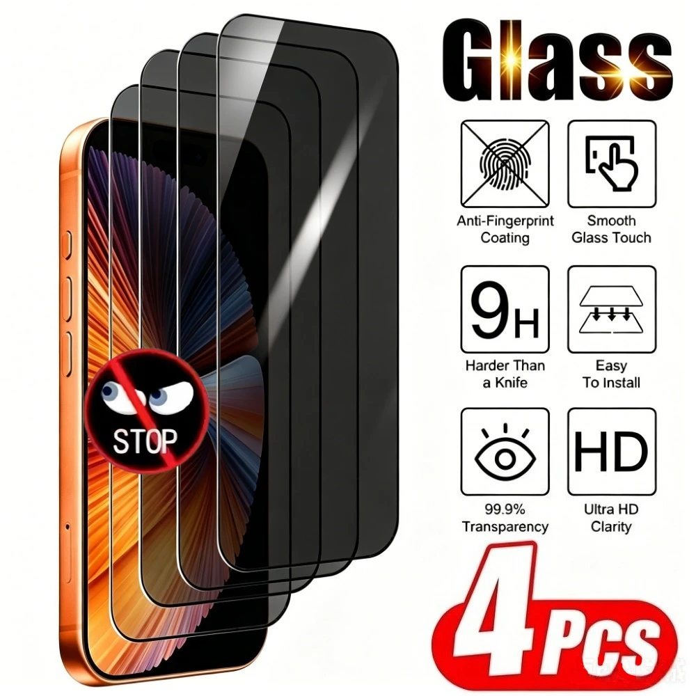 4er-Set Blickschutz-Panzerglas Vollabdeckung für iPhone 15 16 17 14 Pro Max 17e Air 13 12 Pro 16 15 14 Plus Sturzsicherer Displayschutz