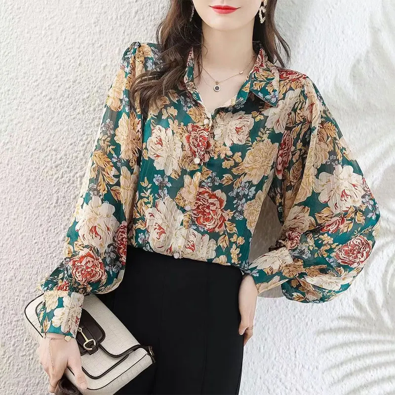 Office Lady Vintage Elegant Floral Printed Blouse Spring Autumn Single-breasted Women\'s Clothing Lapel Loose Long Sleeve Shirt