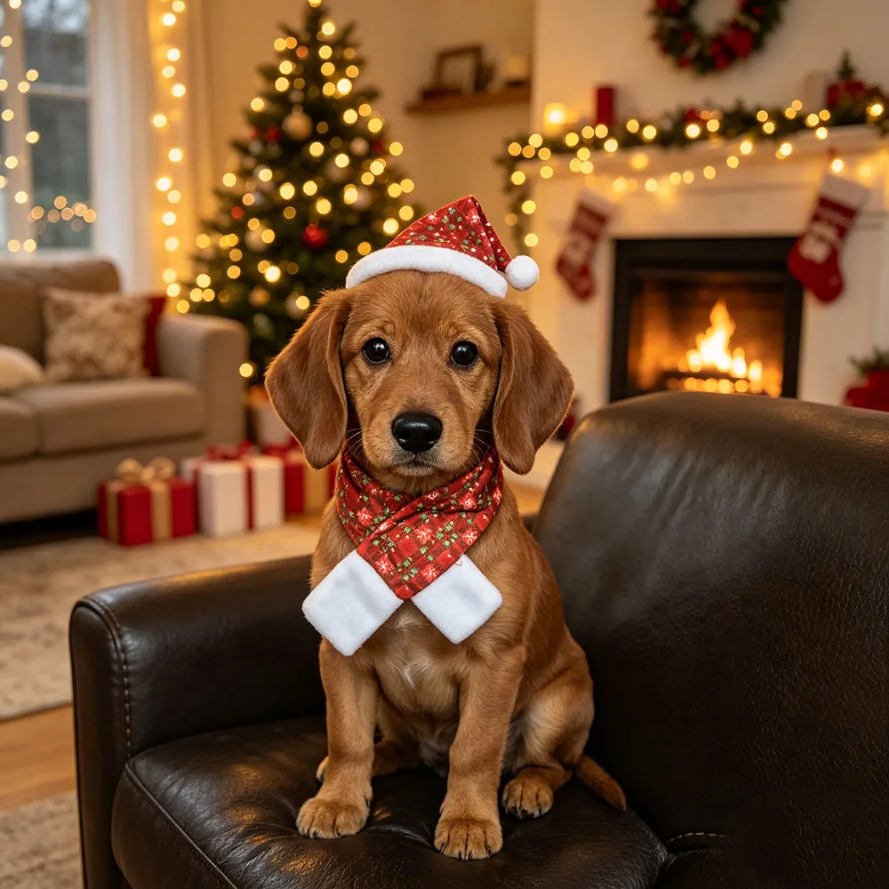 2 Pcs Pet Christmas Hat and Scarf Set, Santa Costume Accessories for Small Dogs and Cats, Adjustable Holiday Outfit for Puppy Ki