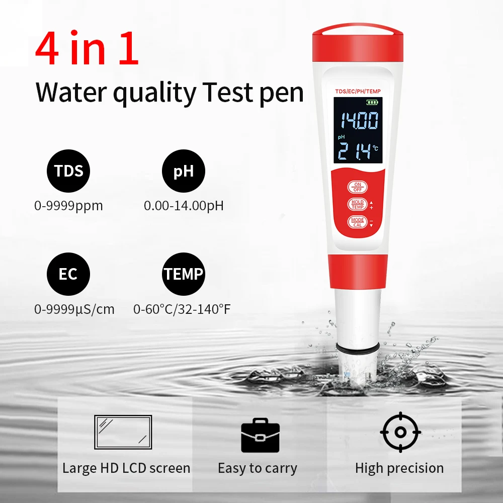 4 in1 Water Quality Tester PH/TDS/EC/Temp Measuring Monitor High Accurancy Digital Water Quality Detector For Pools Aquariums