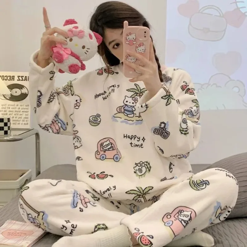 

Sanrio Hangyodon Home Clothes Soft and Elastic Suit Warm Woolen Velvet Loungewear Set Top ElasticWaist Pants Girls Sleepwear Set