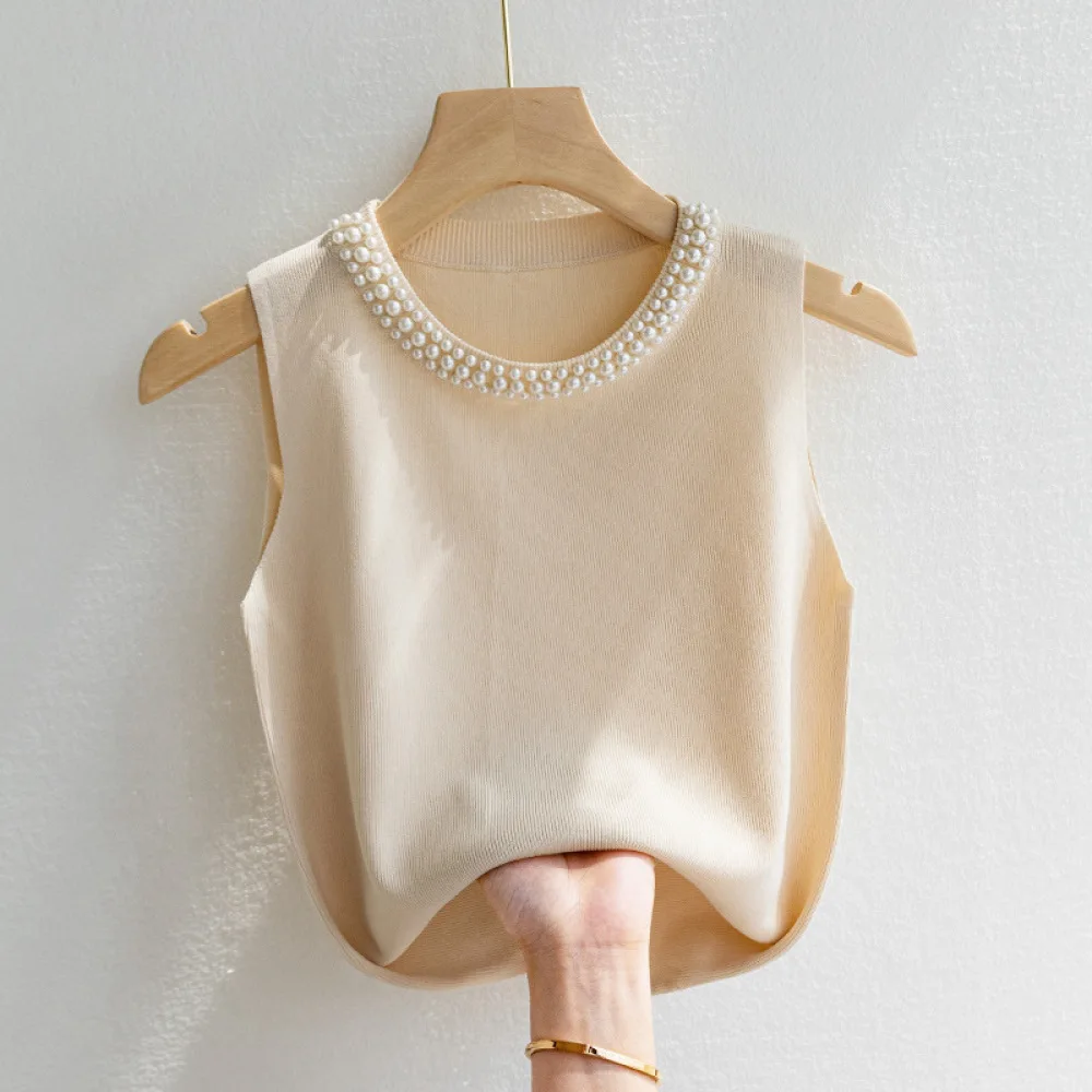 Women Fashion Summer Knitted Tank Top Beaded Sleeveless Slim Fit Camisole White Base Layer Aesthetic Daily Office Style Top Vest