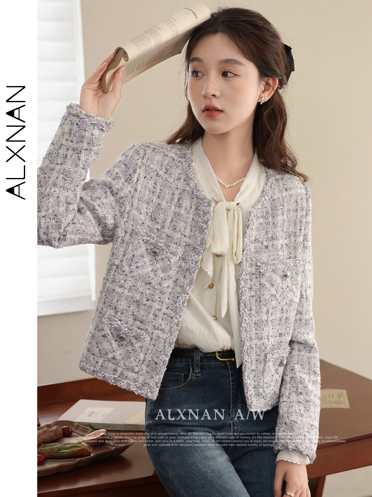 

ALXNAN Round Neck Cropped Tweed Jacket 2024 Autumn Winter Straight Single Breasted Long Sleeve Coat Womens Overcoat LXN31307