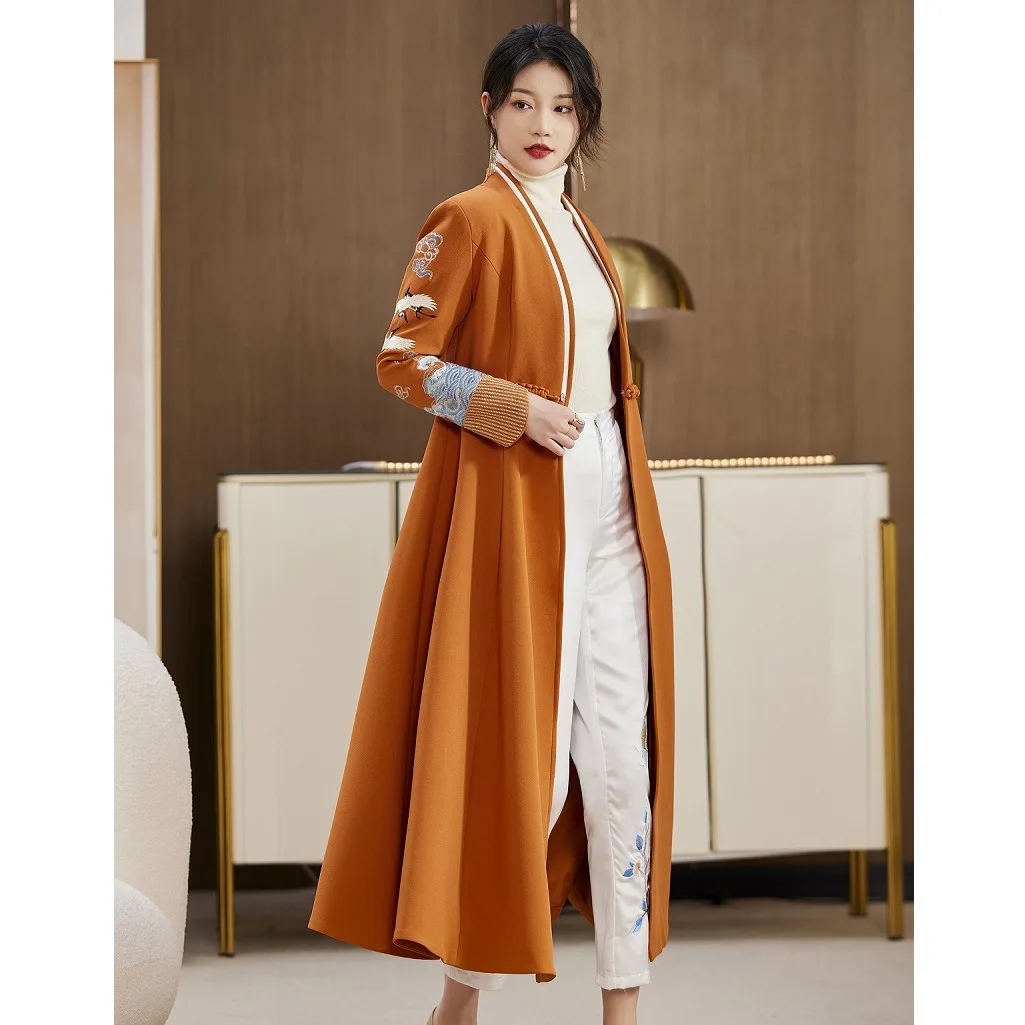 Autumn Winter New V-Neck Chinese Style Women's Trench Retro Embroidery River Cliff  Seawater Pattern Elegant Long Coat S-XXL