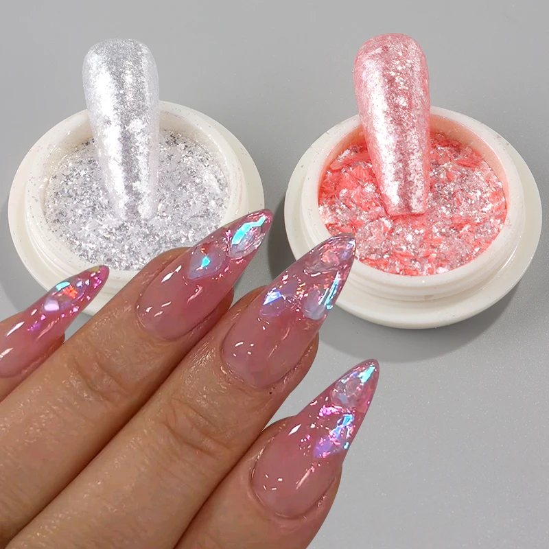 2 Box Pink White Crystal Opal Nail Powder Flakes Sparkling Ultra Thin Foils Iridescent Mermaid Chrome Mica Glitter Nail Decor