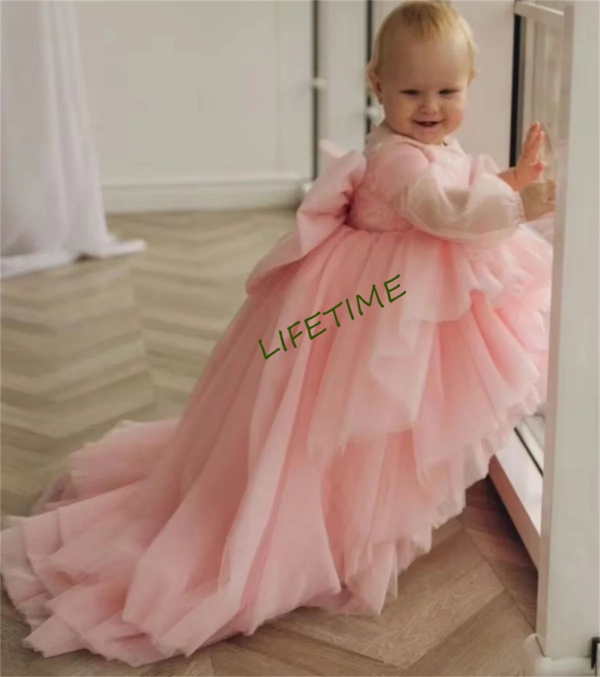 

Unique Pink Baby Girl Birthday Dress Full Sleeve O Neck High-Low Winter Baby Dress Pageant Party Girl Gowns 1-14T