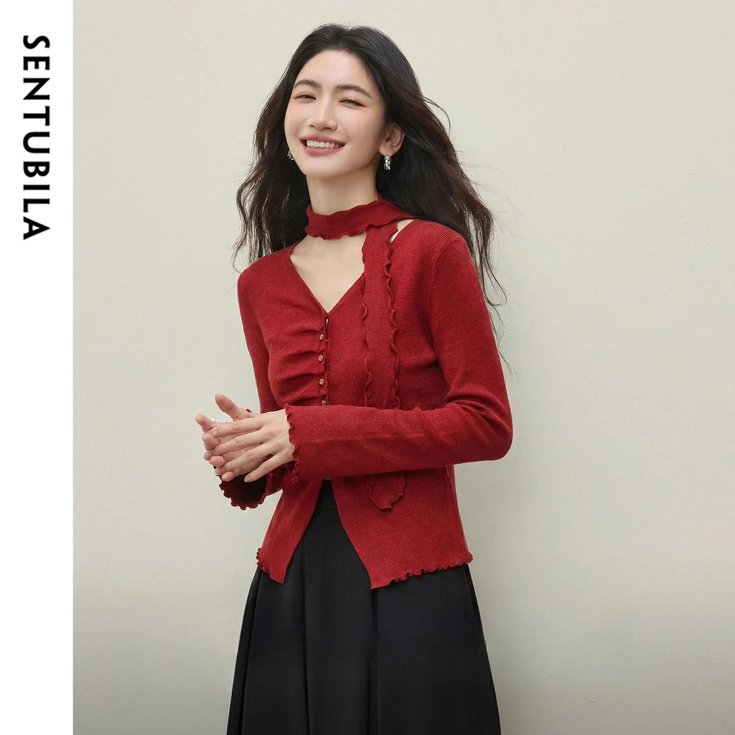 

Женский свитер SENTUBILA 2026 Весна, с отстегивающимися лентами, V-образным вырезом, волнистым краем, вязаный джемпер, новогодняя женская одежда W61EG6029