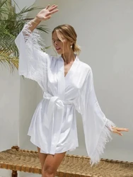 Federn Patchwork Frauen Robe sexy V-Ausschnitt Nachtwäsche Langarm Schnür Bademantel kausale weiße Damen Home Kleidung