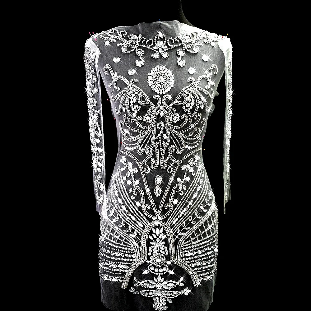 Hand Made Custom Nude Mesh Wedding Pageant Dress Sew on Rhinestones Crystal For Diy Design Tailor Patch Appliqued Bodice silver