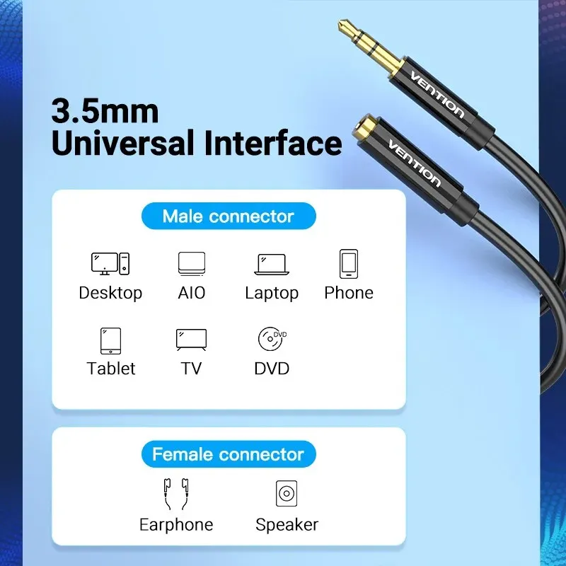 Vention Jack 3.5 Aux Extension Cable for Car Laptop Mini PC TV Xiaomi Huawei Stereo 3.5mm Jack Headphone Speaker Cable Auxiliar