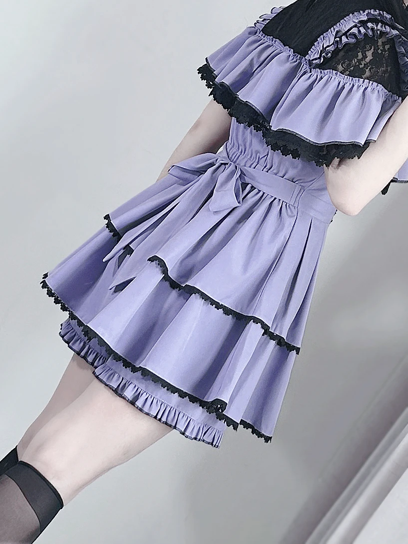 Traje Y2K de estilo japonés Mine producido en masa, minivestido ajustado con cordones y cuello tipo capa de encaje con lazo, pantalones cortos de cintura alta, conjunto de dos piezas para mujer