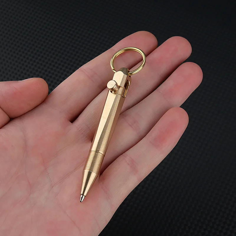 Mini Brass Pen Portable Cylindrical Bolt Ballpoint Pen Key pendant Business Signature Stationery Pen EDC Outdoors Writing Tools